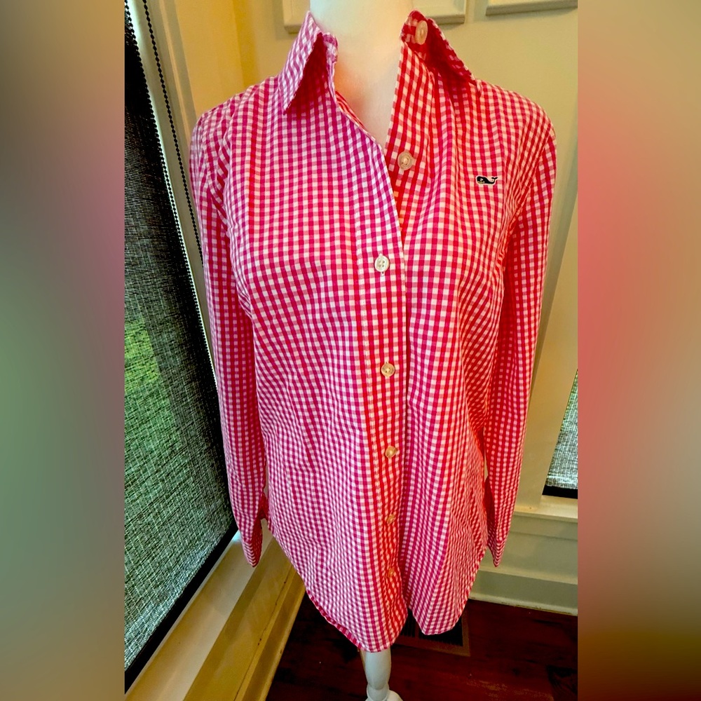 Vineyard Vines Women’s Gingham Button Down Shirt. Pink & White Size 2.